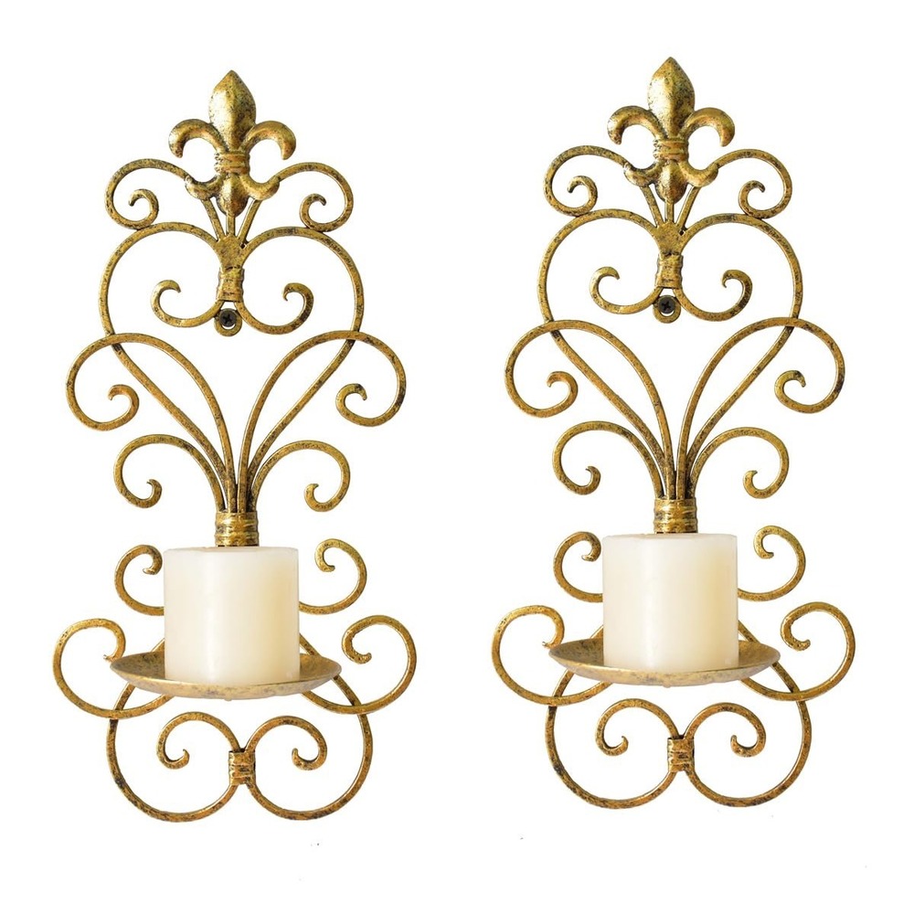 Set of 2 Gold Fleur De Lis Metal Wall Sconce Candle Holders Scroll Decor 14in